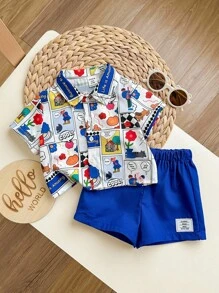 SHEIN 2 件套婴儿男童/女童休闲百搭可爱卡通图案短袖 Polo 衫和松紧腰短裤适合夏季、春夏穿着