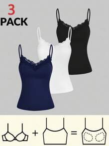 SHEIN Essnce 3pcs/Set Casual Vacation Lace Patchwork Camisole