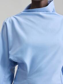 Ontre 女式秋季蓝色蝙蝠袖收腰时尚衬衫，简约时尚都市商务休闲上衣，适合办公室、海岛度假、郊游 - 藍色 - 查看 6