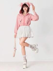 ROMWE EDITION Áo hoodie tai nơ trang trí màu sắc Kawaii ngọt ngào dễ thương cho nữ - Hồng - Xem 6