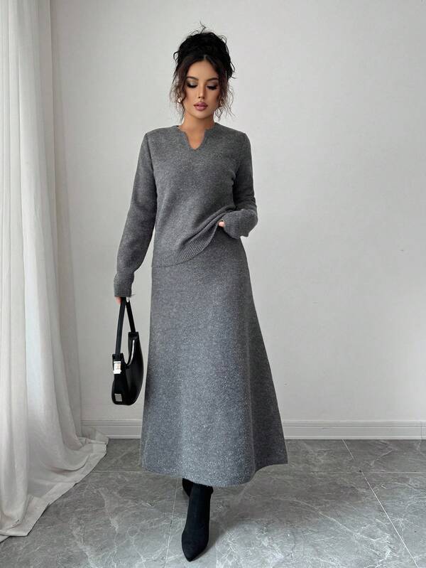 Elenzga 女士秋冬阿尼乌苏秋季上衣节日独立日灰色音乐演唱会复古教师斯德哥尔摩优雅百搭针织毛衣和裙子2件套