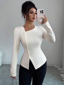 Elenzga Women's Asymmetric Collar Button Design Ruched Long Sleeve T-Shirt Fall Cloth For Women - Apricot - View 1