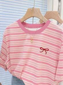 Women's T-Shirt/Bow Pattern Print/Pink Striped Plaid Large Size T-Shirt/Embroidery Craft/Women's Casual Ultra-Loose Round Neck Top/Spring And Summer