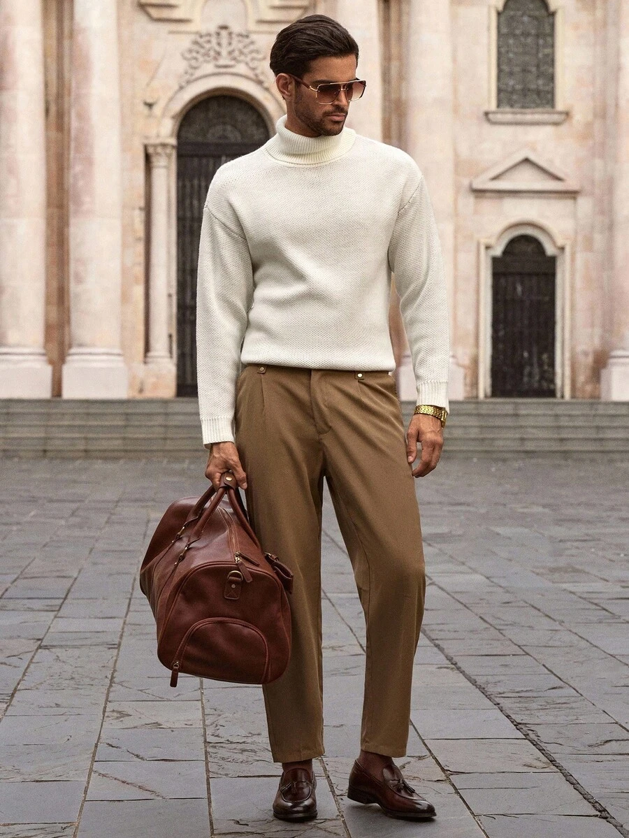 HIMLAND Men's Fashion Pullover Sweater With Horse Head Pattern, Loose And Relaxed Knit Men Turtleneck Shirts Mock Neck Men Men Knitwear Summer Turtleneck Men Turtleneck Sweater Men Knit Wear Men Knitwear Men , Fall Winter - Multicolor - View 1