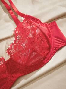 Charlaine 女士时尚蕾丝法式无钢圈文胸，优雅休闲内衣文胸 - 紅色 - 查看 3