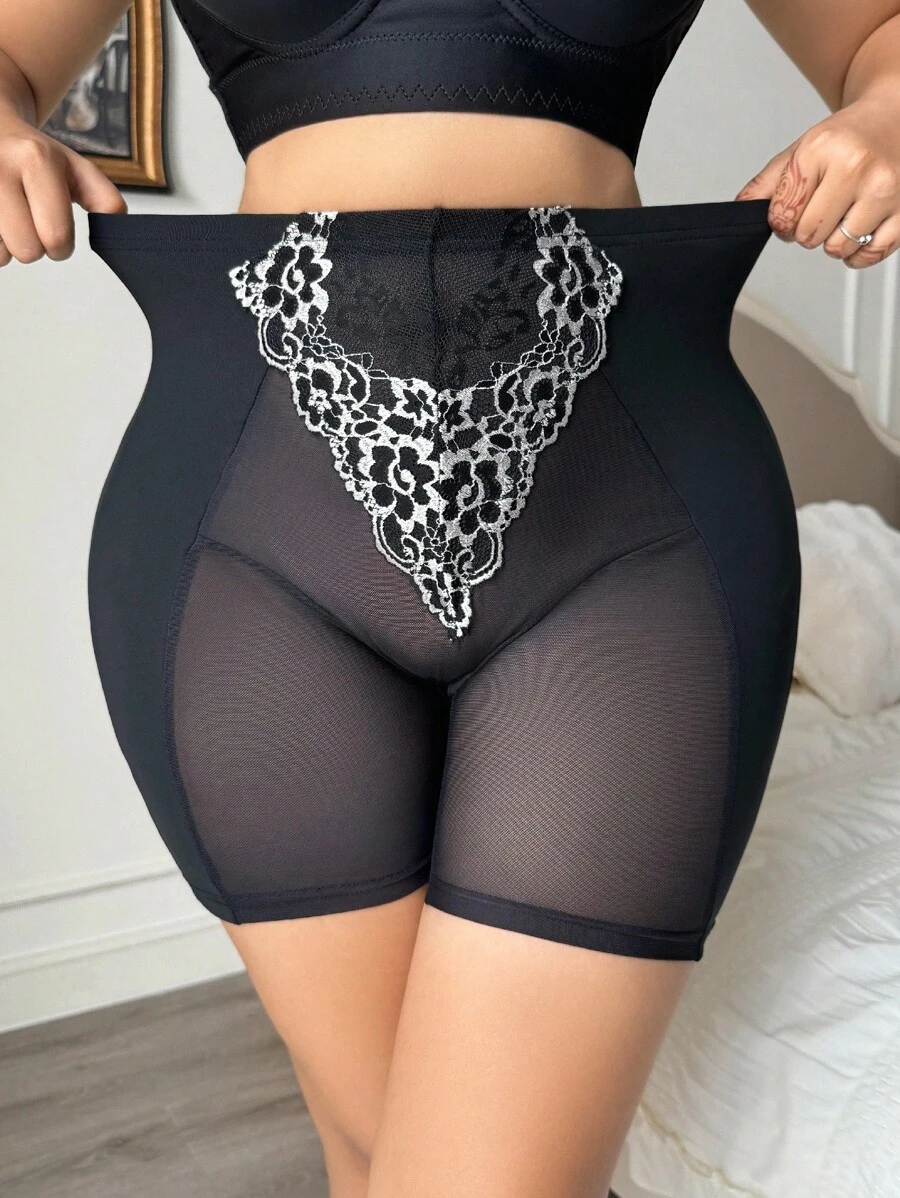 SHEIN 大码休闲系列蕾丝拼布网眼塑身裤 - 黑色 - 查看 1