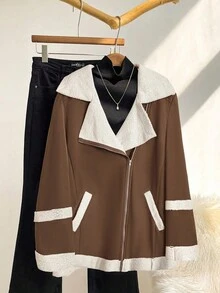 SHEIN LUNE Chaqueta de moto casual de talla grande con forro de piel sintética, para otoño/invierno - Caqui - Ver 3