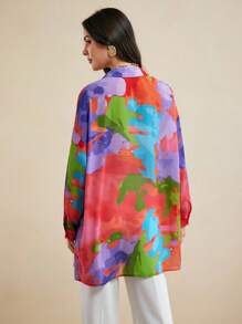 Eva Novielli Colorful Floral Printed Transparent Chiffon Long Oversized Shirt Women Summer Vacation Casual - Multicolor - View 2