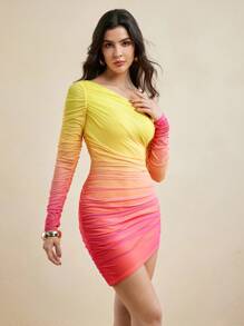 HEAVINZ LANE Asymmetrisches Minikleid mit einem Schulterträger, Farbverlauf-Muster, Mesh, Raffung und langen Ärmeln, Sommerkleid für den Herbst - Verschiedenfarbig - Übersicht 4