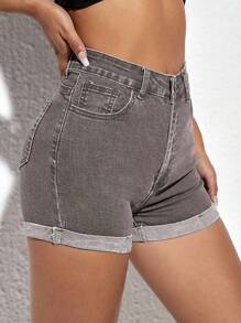SHEIN ICON 女式夏季休闲街头时尚高腰卷边下摆修身牛仔短裤 - 深灰色 - 查看 5