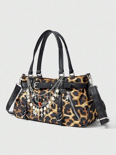 Grunge Punk Bolso cruzado de mujer de gran capacidad con decoración de calavera de leopardo, de moda informal y personalizado