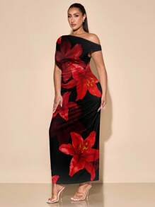 SHEIN BAE 加大码不对称肩热带花卉印花休闲连衣裙，优雅度假风格，适合返校季和夏季 - 彩色 - 查看 5