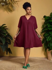 Slaydiva 2025 New Arrival/Easter/Western Style/Elegant Casual Commute/Business Casual Women's Short Sleeve Shirt Dress, Elegant Personalized Design V-Neck Chiffon Blouse Loose Short Sleeve Ruffle Sleeve Dress Plus Size Casual Dress Plus Size Burgundy Dress Plus Size Vacation Dress Plus Size Dress Burgundy Dress - Burgundy - View 6