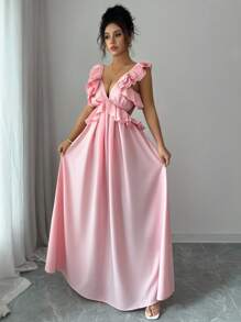 Elenzga Women Sexy Solid Deep V-Neck Tie Backless Layered Ruffle Trim Long Dress Fall Cloth For Women - Pink - View 6