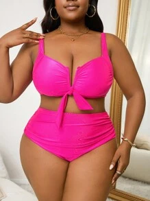 Swim Lushoire Plus Size Women's Solid Color 2-Piece Ruched Tankini Swimsuit Set, Casual Vacation For Summer - Hot Pink - View 3