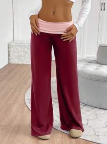 SHEIN Cottnline بنطلون رياضي واسع الساق بخصر ملون للنساء - عنابي اللون - مشاهدة 6