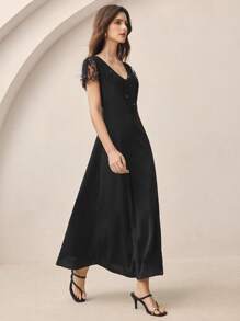 BizChic Elegant Black Summer One-Piece Dress For Women,Woven Lace V-Neck Dining,Business,Casual,Daily,Holiday,Wedding Guest,Music Festival,90s Vintage Style - Black - View 2