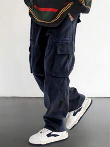 Men Loose Flap Pocket Side Cargo Pants, Men Navy Blue Cargo Pants, Men Cargo Pants With Multiple Pockets, Men Baggy Cargo Pants, Men Relaxed Fit Cargo Pants - Navy Blue - View 1