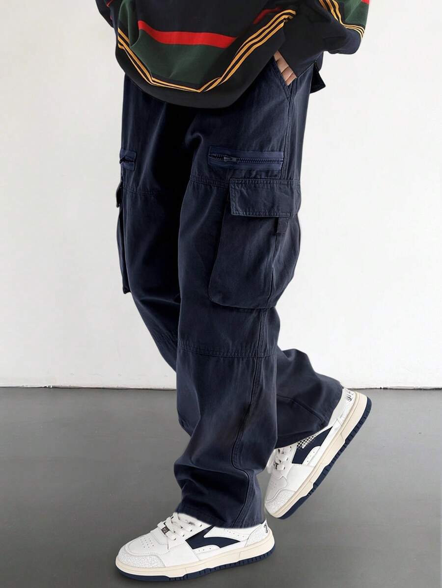Men Loose Flap Pocket Side Cargo Pants, Men Navy Blue Cargo Pants, Men Cargo Pants With Multiple Pockets, Men Baggy Cargo Pants, Men Relaxed Fit Cargo Pants - Navy Blue - View 1