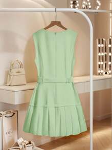 Franclia 优雅法式时尚简约百搭圆领无袖系带腰部下摆褶皱白色梭织连衣裙，适合女士春夏、商务休闲、毕业典礼 - 綠色 - 查看 2