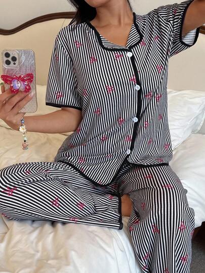 SHEIN Women's Striped Pajama Set With Buttoned Lapel Design For Comfortable Everyday Wear Two Piece Pajama Set