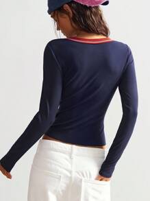 Bohemela 女式休闲纯色针织圆领长袖修身T恤 - 藏蓝色 - 查看 7