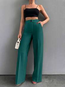 EURMUSE Women Solid Color Button Front Straight Leg Pants - Green - View 4