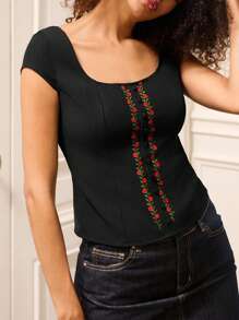 lacRébo Top ajustado con bordados inspirados en un corsé, con mangas cortas. Atuendo de oficina, estilo empresarial casual. Top de otoño e invierno - Negro - Ver 3