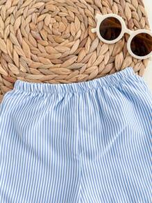 Baby Boy Color Block Short Sleeve Polo Shirt With Fine Stripes Decoration And Patch Pocket, Front Button Placket, Shorts Two Pieces Set - Multicolor - View 5