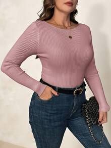 SHEIN Clasi Plus Size Women Crew Neck Long Sleeve Pullover Sweater, Basic Layering Top For Autumn/Winter - Dusty Pink - View 3