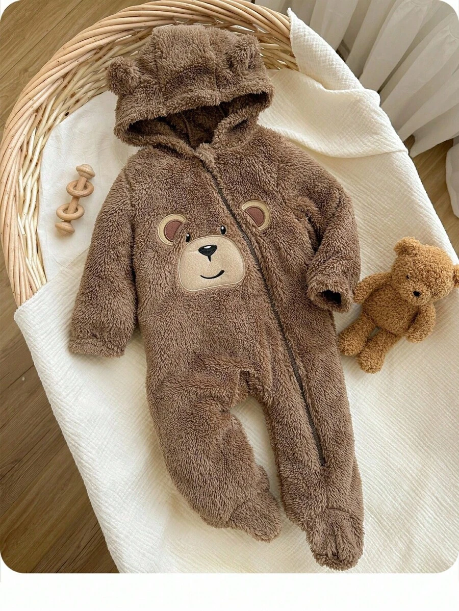 新生男婴可爱熊图案刺绣 3D 耳朵连帽长袖前拉链柔软毛绒衬里连体衣适合秋冬季