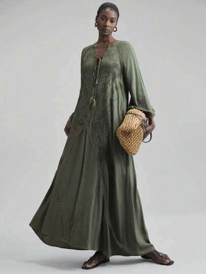 Ontre 2025 Women's V-Neck Raglan Sleeve Dress, Casual & Simple, Bohemian Summer Dress, Elegant & Comfortable, Loose Fit,Casual Dresses For Women,Fall Dresses For Women