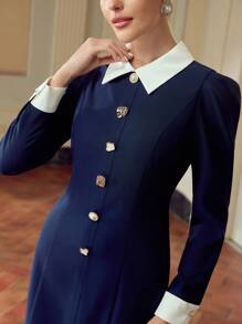 ZEYLAH 女士金属装饰撞色领泡泡袖优雅中长连衣裙 - 藏蓝色 - 查看 2