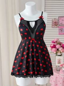 Spicy Aura 2pcs Black & Red Heart Decor Camisole & Slip Dress Set - Multicolor - View 3