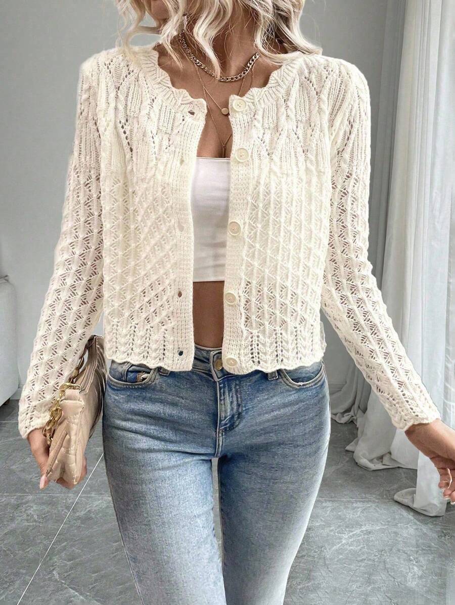 SHEIN PETITE 女士圆领镂空前扣开衫，针织毛衣外套，秋冬 - 米色 - 查看 1