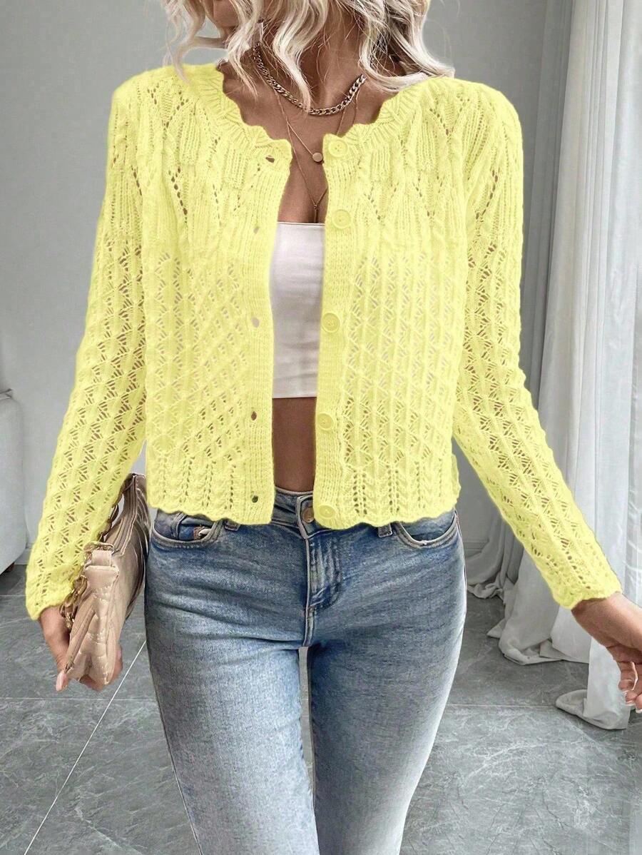 SHEIN PETITE Women's Round Neck Hollow Front Button Cardigan, Autumn/Winter Knitted Casual Spring Fall Cardigan - Yellow - View 1