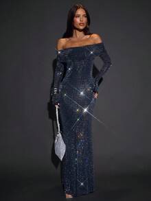 SHEIN BAE 女式纯黑色露肩长袖修身长裙，带水钻装饰，适合夜总会派对 - 黑色 - 查看 3