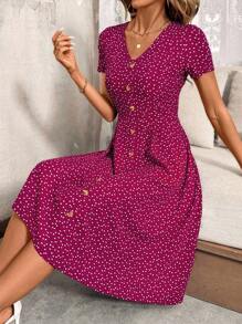 SHEIN Clasi 大码休闲度假全印花短袖连衣裙 - 中紫紅色 - 查看 6