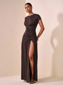 Veslaya Vestido sexy de manga corta con cuello redondo, plisado lateral y bajo con abertura, adecuado para mujer de talla grande en ocasiones casuales, diarias, citas, viajes, trabajo, elegante y playa, apto para otoño, invierno, primavera y verano - Marrón - Ver 15