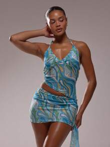 MUSERA Áo cổ yếm có đệm ngực, vạt áo bất đối xứng, chất liệu lưới in họa tiết, ôm sát, thích hợp cho kỳ nghỉ ở Ibiza, phong cách thanh lịch Ibiza, dễ thương, thích hợp cho lễ hội bãi biển, tiệc tùng, phong cách Boho, đồ đi biển, trang phục nghỉ mát, thanh lịch, mùa xuân hè. - Màu xanh lam - Xem 1