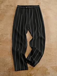 HIMLAND 舒适男士七分裤，带有纹理图案和口袋设计，细条纹裤，男士黑白裤，男士细条纹裤，男士正装裤，竖条纹裤，男士正装裤，秋季，旧款 - 黑與白 - 查看 1