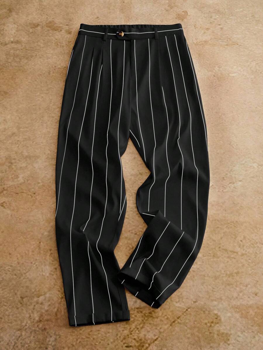 HIMLAND 舒适男士七分裤，带有纹理图案和口袋设计，细条纹裤，男士黑白裤，男士细条纹裤，男士正装裤，竖条纹裤，男士正装裤，秋季，旧款 - 黑與白 - 查看 1