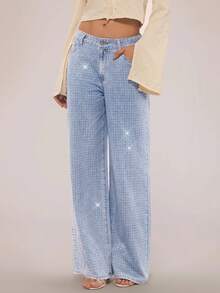 SHEIN Forever 21 复古水洗散钻细节直筒牛仔裤春季中腰牛仔裤节日夏季下装水钻牛仔裤 - 淺藍色 - 查看 7