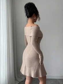 Elenzga Sexy Off-Shoulder Strickkleid mit Langarm, zierliches, elegantes A-Linien Bodycon-Kleid, das das Alter reduziert, für Herbst/Winter - Khaki - Übersicht 2