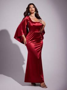 Viva Relle Elegant Slimming Fish Tail Hem Long Dress, Plus Size - Burgundy - View 4