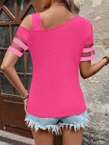 SHEIN LUNE Camiseta casual de vacaciones para mujer con cuello asimétrico, manga corta y parches de malla