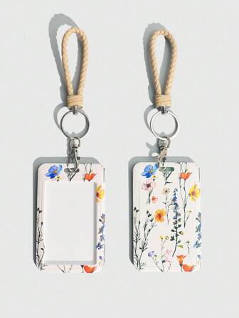 Fairycore 1pc Back To School Cute Sliding Card Holder, Watercolor Floral Pattern ID Card/Pass Case