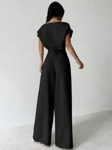 Firerie Summer New Women's Elegant Casual Commuter White Drop Shoulder Blouse & Wide Leg Pants Suit - Black - View 2