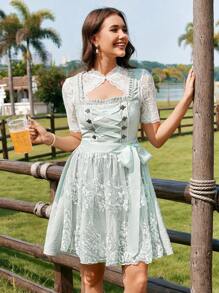 Firerie Vestido verde mini de línea A con cuello cuadrado y decoración de strass, delantal de encaje desmontable con lazada cruzada, elegante para Oktoberfest - Verde - Ver 9