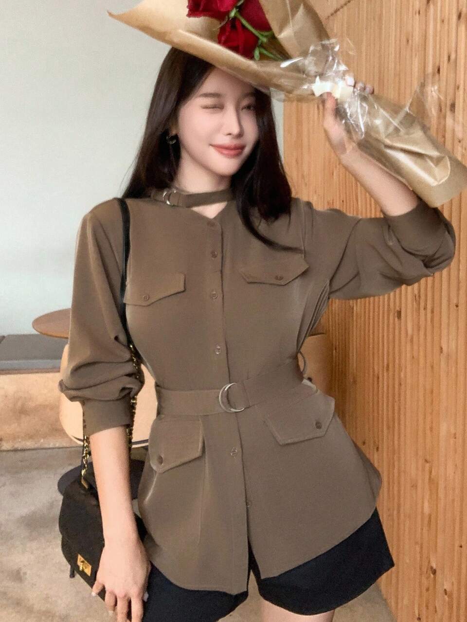 Women's Loose Fit Long Sleeve Solid Color Shirt With Belt, Pocket, Cuff, Casual Autumn Top